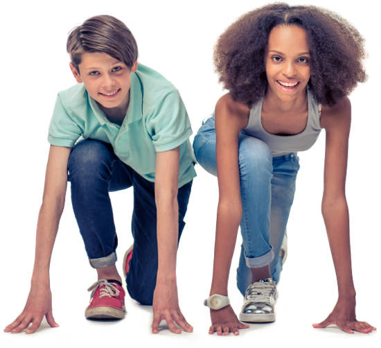 Boy and girl kneeling as if to start a race